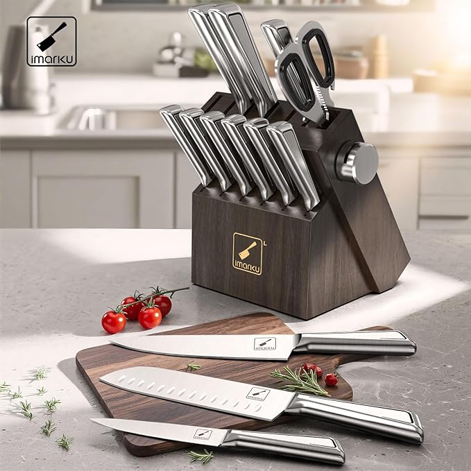 imarku G14 Japanese Kitchen Knife Set, Stainless Steel with Block, 14pc