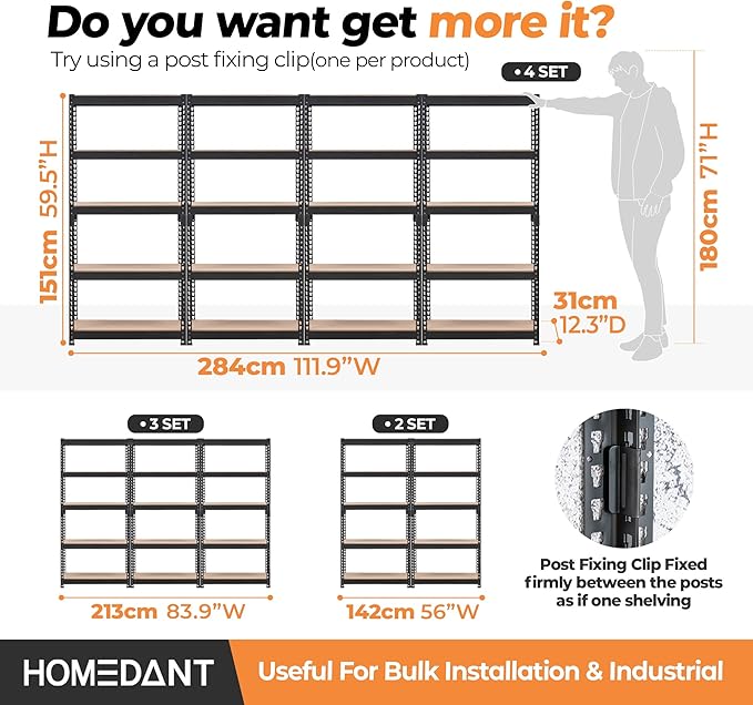 HOMEDANT 28" W 5 Tier Heavy Duty Garage Shelving Adjustable Metal Rack Storage Shelves Standing Shelf Unit Organizers Pantry Closet Black 2Pack