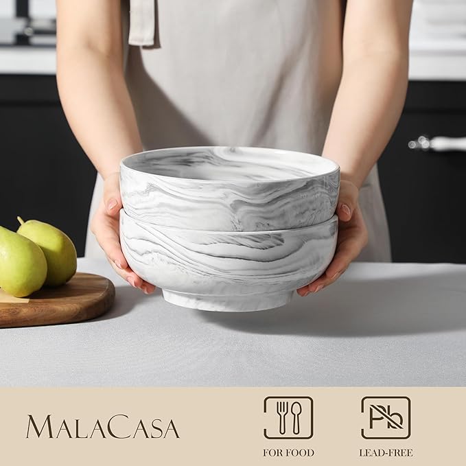 MALACASA Large Serving Bowls, 60 OZ (8") Ceramic Salad Bowls Set of 2