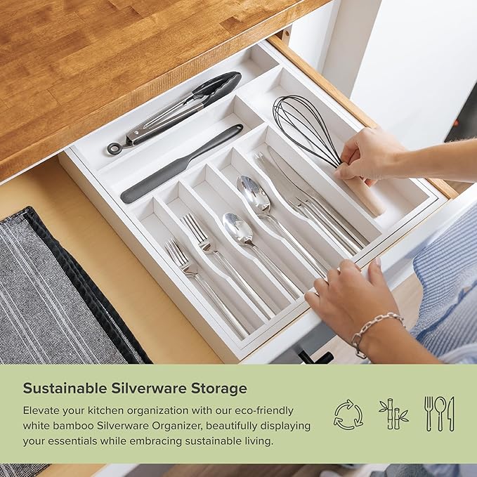 KitchenEdge Silverware & Utensil Drawer Organizer, 16-28 in, White Bamboo