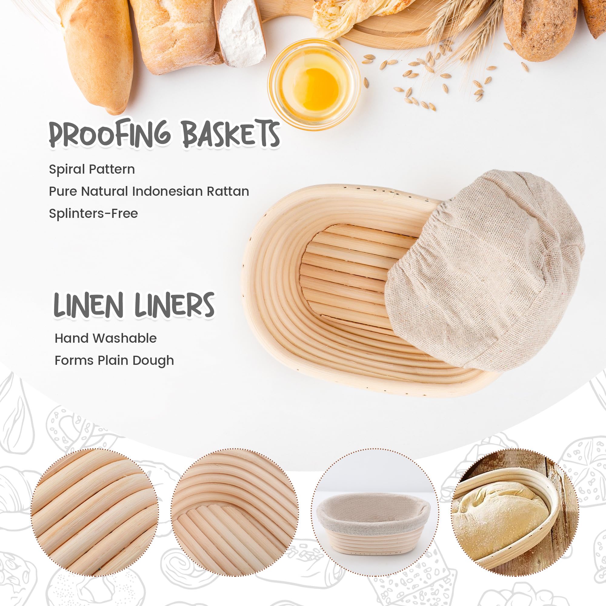 DOYOLLA Mini Oval Proofing Set (6.5inch, set of 5), Sourdough Proofing Baskets Bread Dough Rising Bowls w/Liners for Home Sourdough Bakers Baking