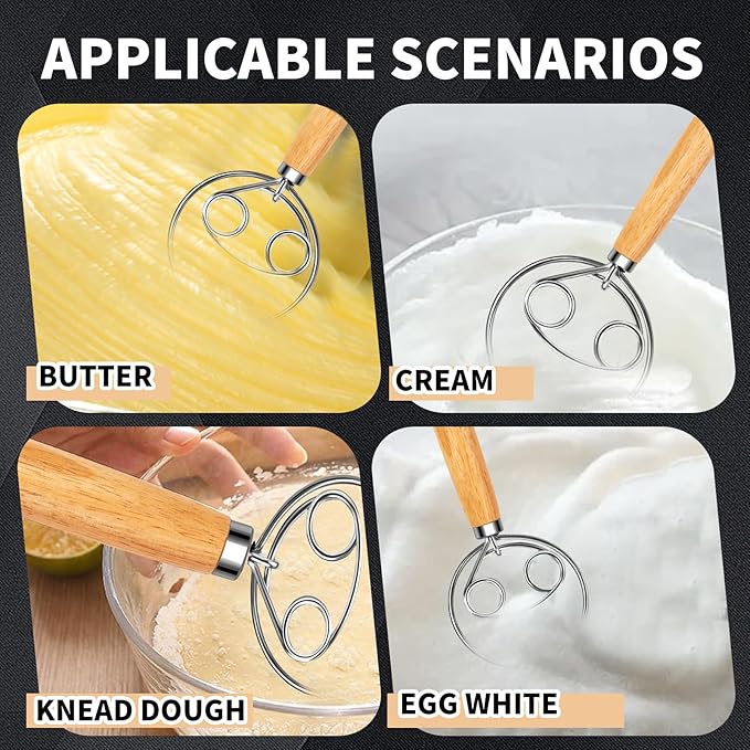 Agttete Danish Dough Whisk Stainless Steel Wood Handle for Sourdough Bread