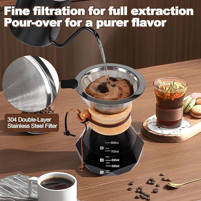DITOSH Pour Over Coffee Maker 800ml 27.1oz Glass Drip Coffee Maker with 304 Stainless Steel Filter High Borosilicate Glass Duckbill Spout Solid Wood Handle Pour Over Coffee Dripper for Daily Brewing