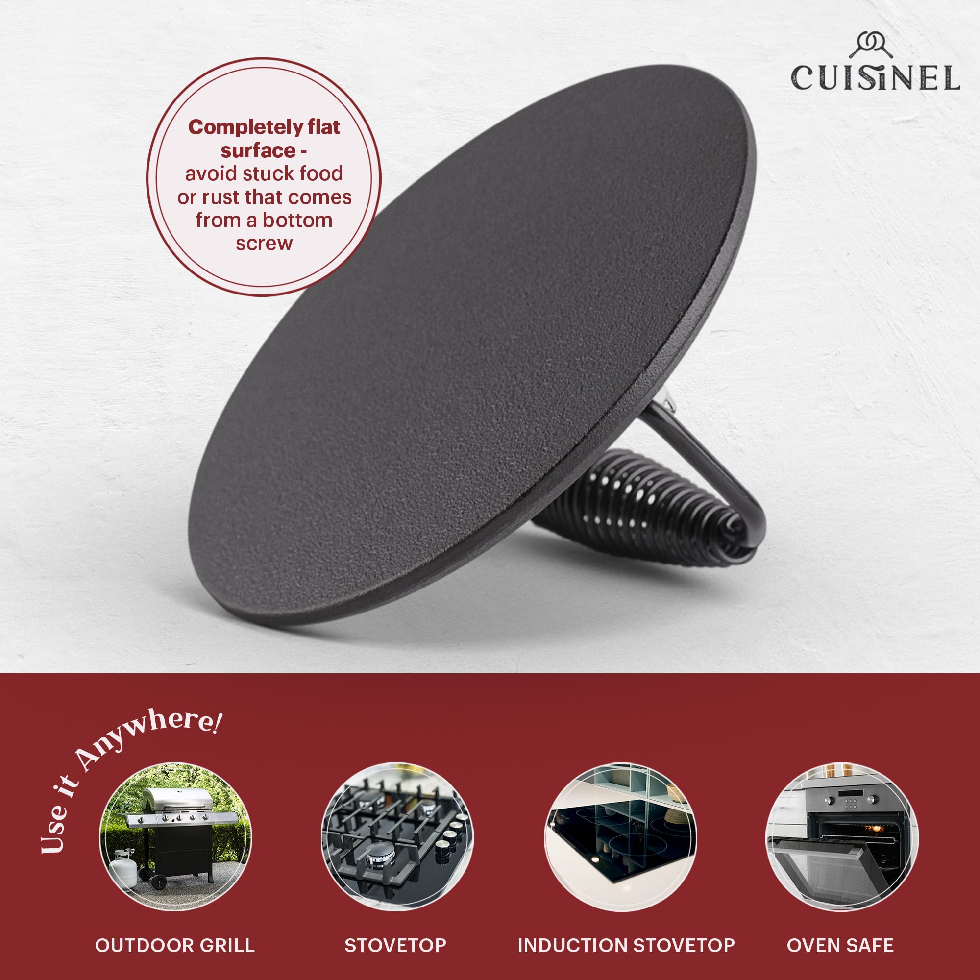Cuisinel Cast Iron Skillet + Grill Press + Scraper Set - 10"-inch Pre-Seasoned Frying Pan + Silicone Handle Grip - 7" Round Burger Smasher - Indoor/Outdoor, Grill, Kitchen Cookware. PFAS and PFOA-free