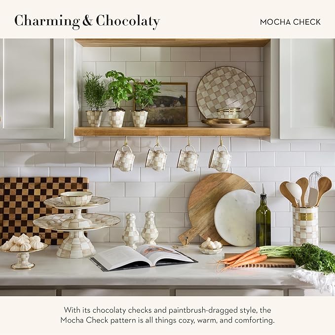 MACKENZIE-CHILDS Pedestal Platter, Mini, Brown-and-White Mocha Check