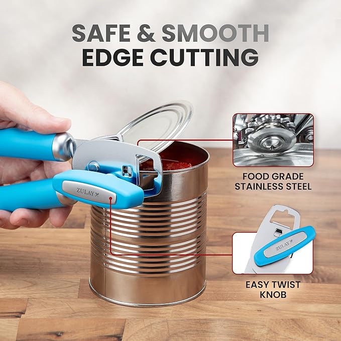 Zulay Kitchen Heavy Duty Stainless Steel Can Opener Manual with Bottle Opener - Rust Proof Manual Can Opener With Turn Knob & Comfy Soft Grip Handles - Aqua