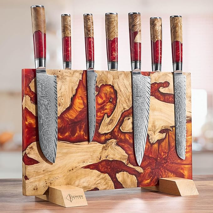 SENKEN "Red Tsunami" Extra Large Magnetic Knife Block - Holds Up to 16 Knives - Knife Block without Knives, Universal Knife Holder, Beautiful Red Resin Burl Wood Blend ("Crimson" Red Resin Blend)