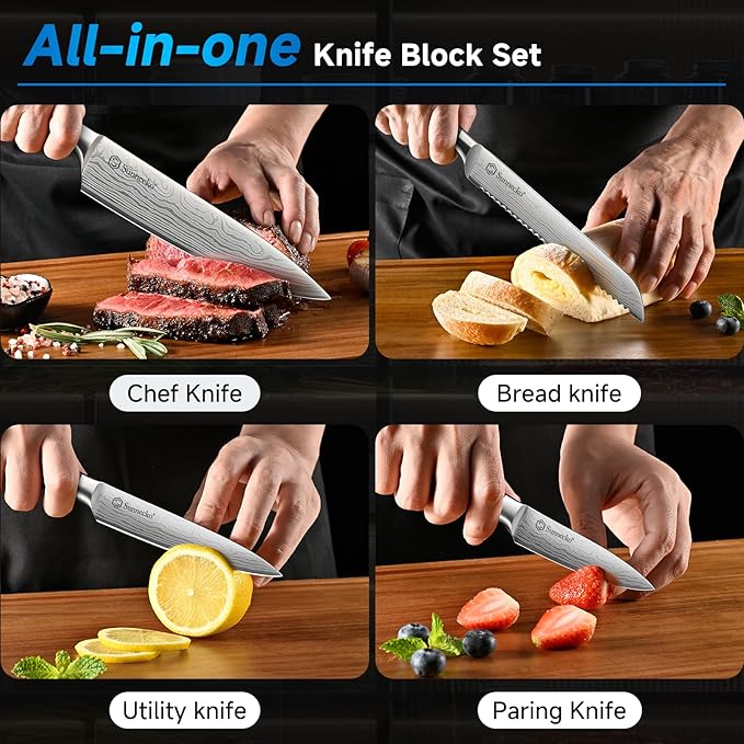 Knife Set with Block and Sharpener, 15 Piece Kitchen Knife Block Set