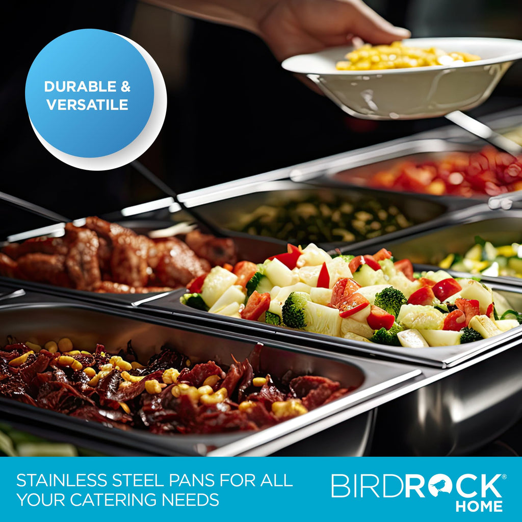BIRDROCK HOME Stainless Steel Steam Table Pan - Hotel, Restaurant & Catering Supplies - 24 Gauge Steel, 2 qt Capacity - Meal Prep, Cooking, & Food Storage Container - 2.5" Depth, 1/4-Size (6 Pack)