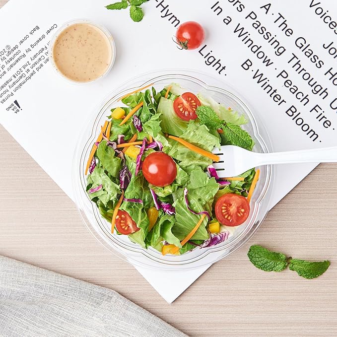 Jaluxing [18 oz. 50 Sets Clear Plastic Salad Bowls with Airtight Lids Disposable To Go Mixing Containers Serving for Fruit, Quinoa, Lunch and Meal Prep