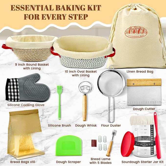 HASHMUST 33 Pcs Sourdough Starter Kit, Sourdough Bread Baking Supplies, 9'' Round & 10" Oval Cotton Rope Banneton Bread Proofing Basket Kit, Beginner Friendly Bread Making Tools with Starter Jar