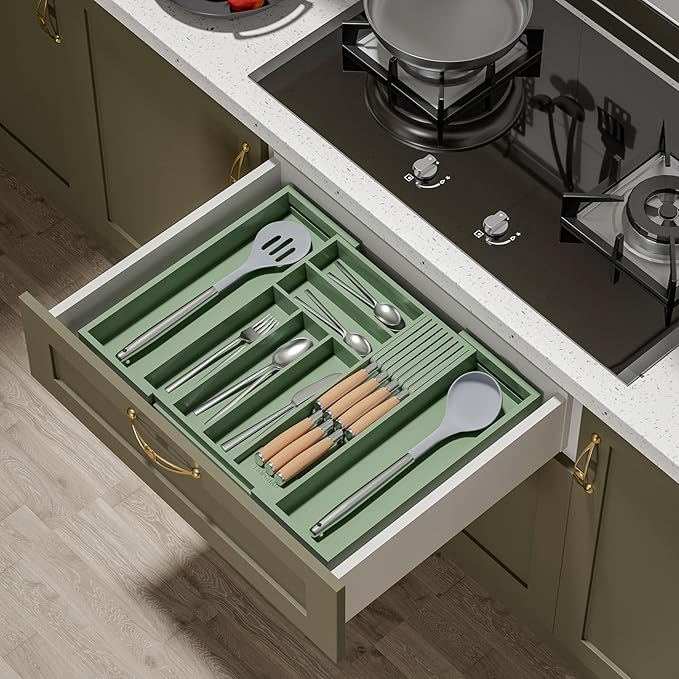 TIOPGHAD Expandable Bamboo Silverware Drawer Organizer Tray, Grayish Green