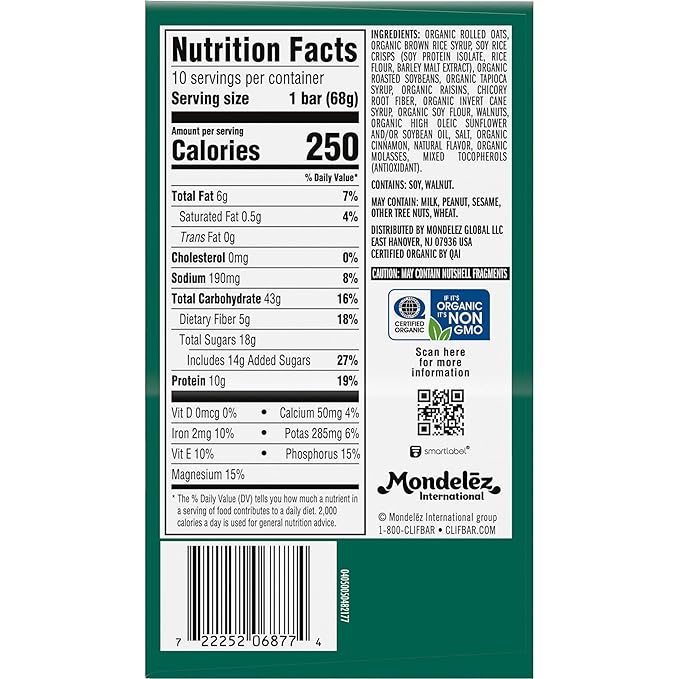 CLIF BAR Protein Energy Bars, Oatmeal Raisin Walnut, 10ct