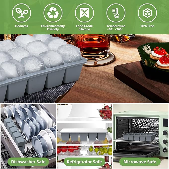 FANYITY Silicone Ice Cube Tray with Lid, Gray, Pack of 2 Ice Cube Moulds, Silicone Mould, BPA-Free, Stackable Ice Cube Tray, Ice Cube Trays for Baby Porridge, Cocktail, Whiskey, Coffee