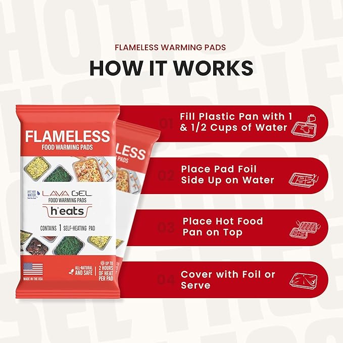 Lava Gel Self-Heating Buffet Kit – Flameless Food Warmer Set for Parties – Includes 4 Trays, 4 Half-Size Heat Pads & Foil Pans – Keeps Hot Food Hot for up to 3 Hours – Gel Fuel Can Alternative