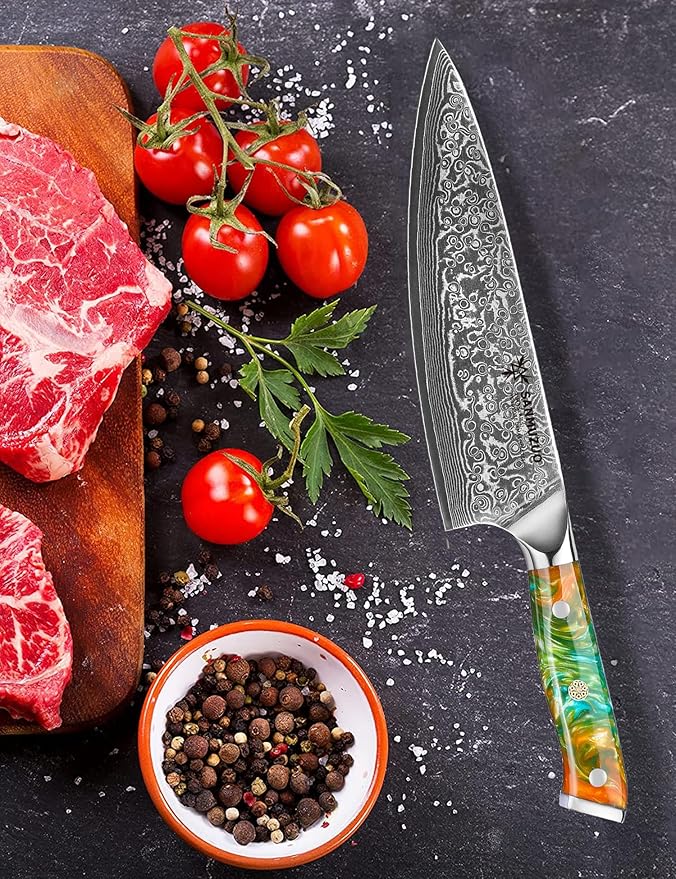 SANMUZUO Chef Knife - 8 inch - Xuan Series - VG10 Damascus Steel Kitchen Knife - Resin Handle (Fantasy Orange)