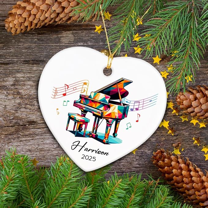 Piano Xmas Tree Ceramic Ornament Gifts for Music Lovers, Personalized Name & Year Piano Player Ornaments 2026, Pianist Ceramic Ornament Christmas Hanging, Custom Musical Instrument Ornaments Decor
