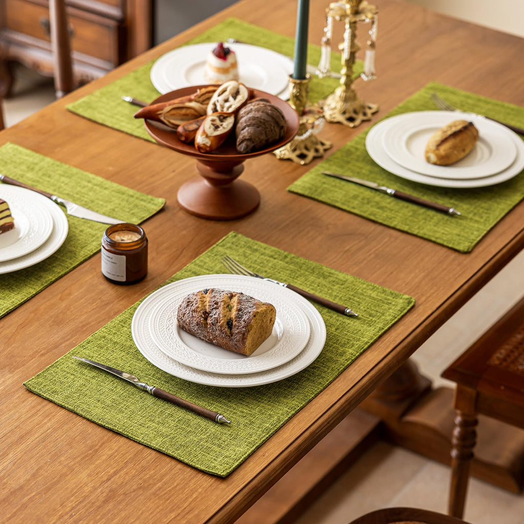 KXN Placemats Set of 4, Dual-Layer Thickened Faux Linen Table Mats, Heat Resistant & Wrinkle-Free, Machine Washable Cloth Place Mats for Kitchen Dining Indoor Outdoor (Green)