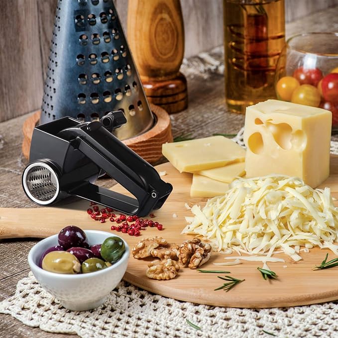 Boao Rotary Cheese Grater Manual Handheld Cheese Grater with Stainless Steel Drum for Grating Hard Chocolate Nuts Kitchen Tool(Black,1 Drum)