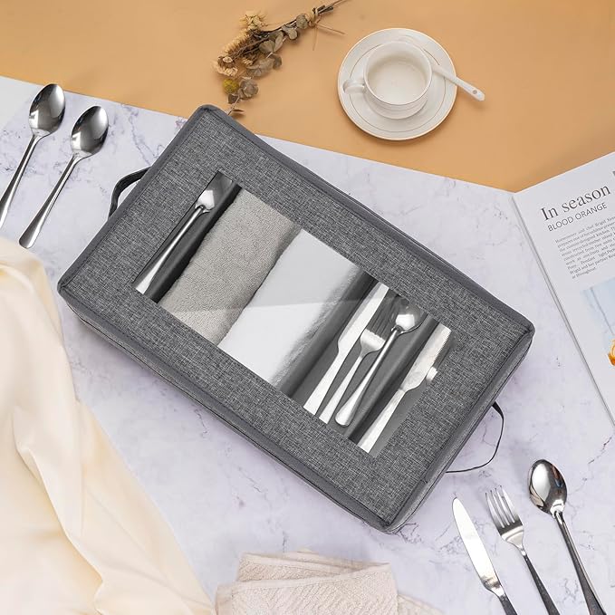 Lafulling Silverware Storage Box, Flatware Storage with Adjustable Dividers