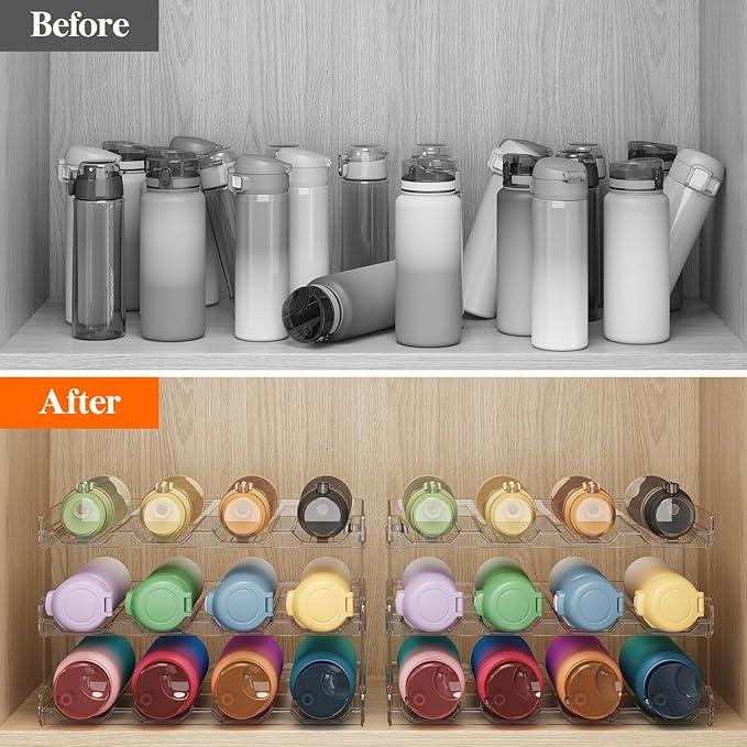 Lifewit Stackable Bottle Storage Organizer, Clear Freestanding Wine Holder for Cabinet, Large Slot Water Bottle Tumbler Organizer for Pantry, Plastic Wine Rack for Fridge Cellar, 3Tier Hold 12, 2Pack