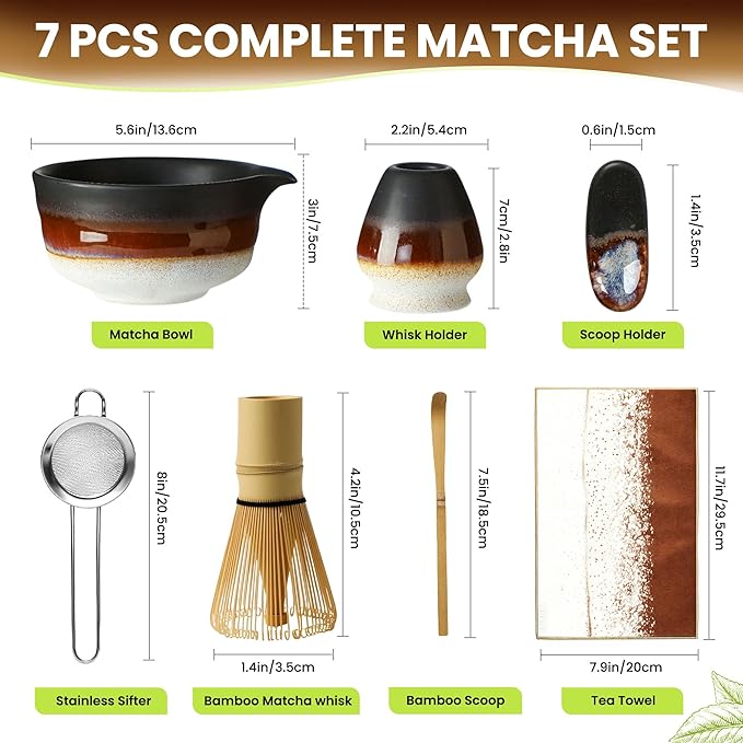 GBBG Matcha Whisk Set, Ceramic Matcha Kit Desert Style, Matcha Whisk and Bowl, Bamboo Scoop and Rest, Sifter and Tea Towel, 7 Pcs Gifts for Matcha Lover - Matte Black