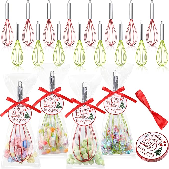 FoldTier 16 Sets 10 Inch Christmas Whisks Gifts DIY Fillable Christmas Tree Ornaments Xmas Colored Silicone Whisks for Cooking Heat Resistant Egg Beaters with Card Rope Bag for Candy Holder