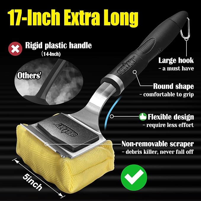 GRILLART Grill Brush Bristle Free Safe Steam Cleaning Tool, Replaceable Head for Any Grate Type - 17” Long Handle w/One-Fit-All Scraper - BBQ Accessories Cleaner for Outdoor Grill - Gifts for Men/Dad