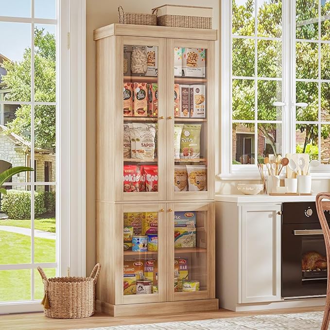 ivaniti 70.8" Tall Brown Bookshelf with Glass Doors, Farmhouse Modular Bookcase with 6-Tier Adjustable Shelves, Large Storage Cabinet for Home Office, Living Room, Set of 3