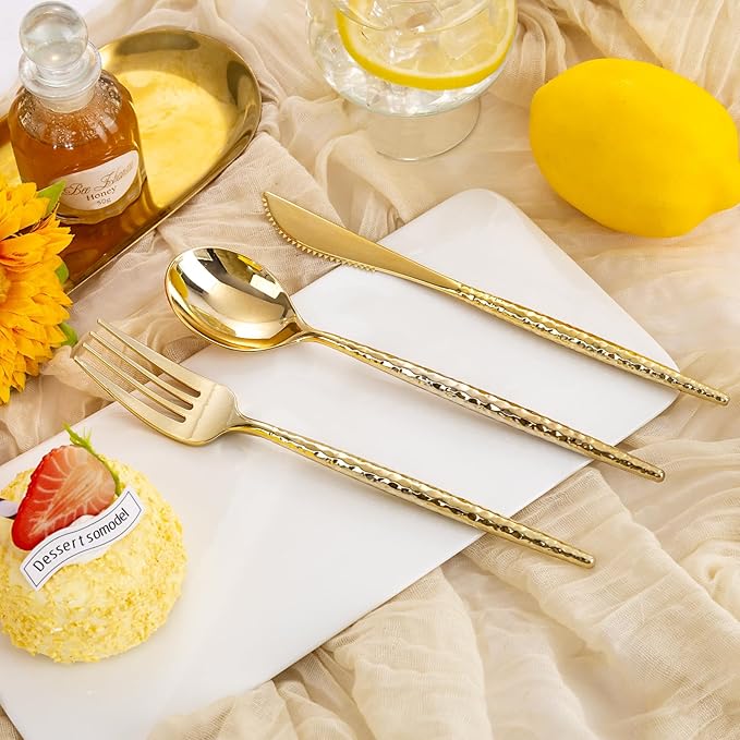 Rubtlamp 90Pcs Gold Plastic Silverware, Gold Disposable Utensils, Hammered Plastic Silverware, Plastic Forks And Spoons Set Include 30 Forks, 30 Knives,30 Spoons For Daily Use