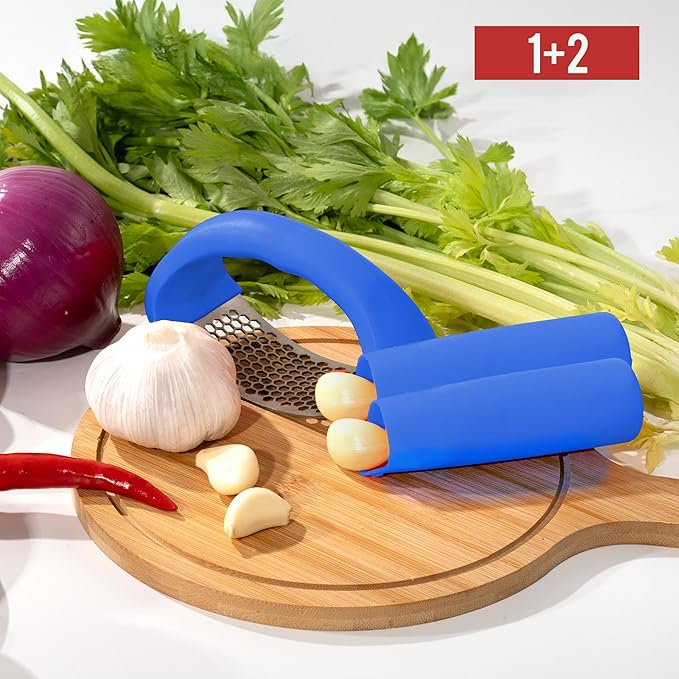 Li&Zhao Stainless Steel Garlic Press Rocker - Garlic Crusher Stainless Steel Garlic Mincer Tool Garlic Rocker with Garlic Peeler Garlic Smasher for Kitchen Cooking(Blue)