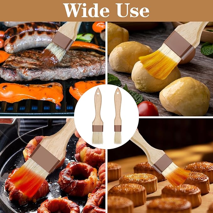 2 Pcs Natural Bristle Pastry Brush, Beech Wooden Handle Basting and BBQ Brushes for Cooking, Butter, Oil, Marinade, Grilling & Baking, Kitchen Food Brush (1.5 inch & 2 inch)