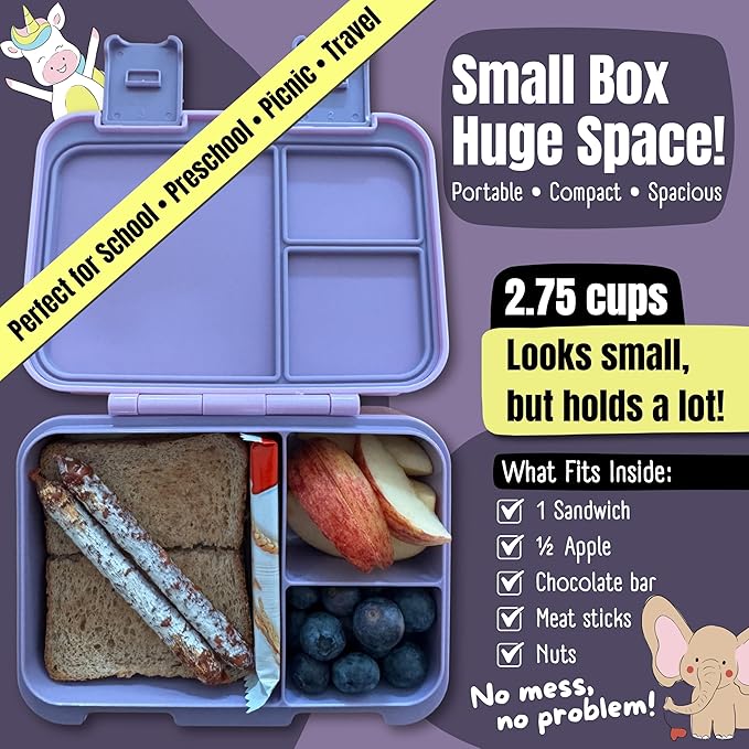 BEARFOOT Kids Lunch Box with Compartments – Compact & Lightweight | Leak-Proof, BPA-Free, Dishwasher Safe | Hand-Drawn Design for Preschool, School, Travel (Llama Purple, 2.75 Cups)