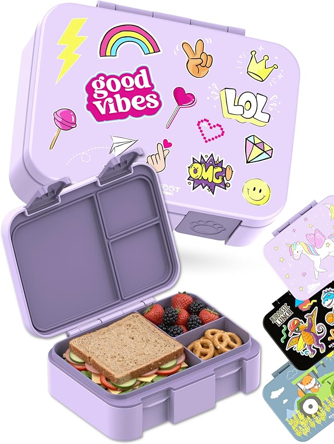 BEARFOOT Kids Lunch Box with Compartments – Compact & Lightweight | Leak-Proof, BPA-Free, Dishwasher Safe | Hand-Drawn Design for Preschool, School, Travel (Sticker Purple, 2.75 Cups)
