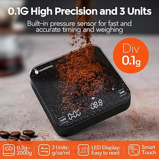 carrottimes Rechargeable Mini Coffee Scale with Timer, 2kg/0.1g Precision Espresso Scale, Portable Digital Coffee Scale w/ 4 Modes for Espresso and Pour-Over Coffee (Black)