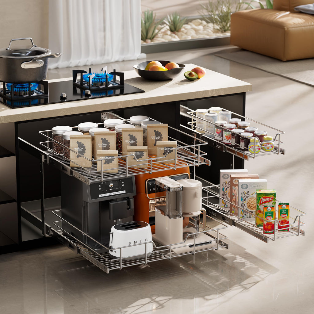 2 Tier Pull Out Cabinet Organizer 11" W X 22" D, Chromed, Full Slide Out