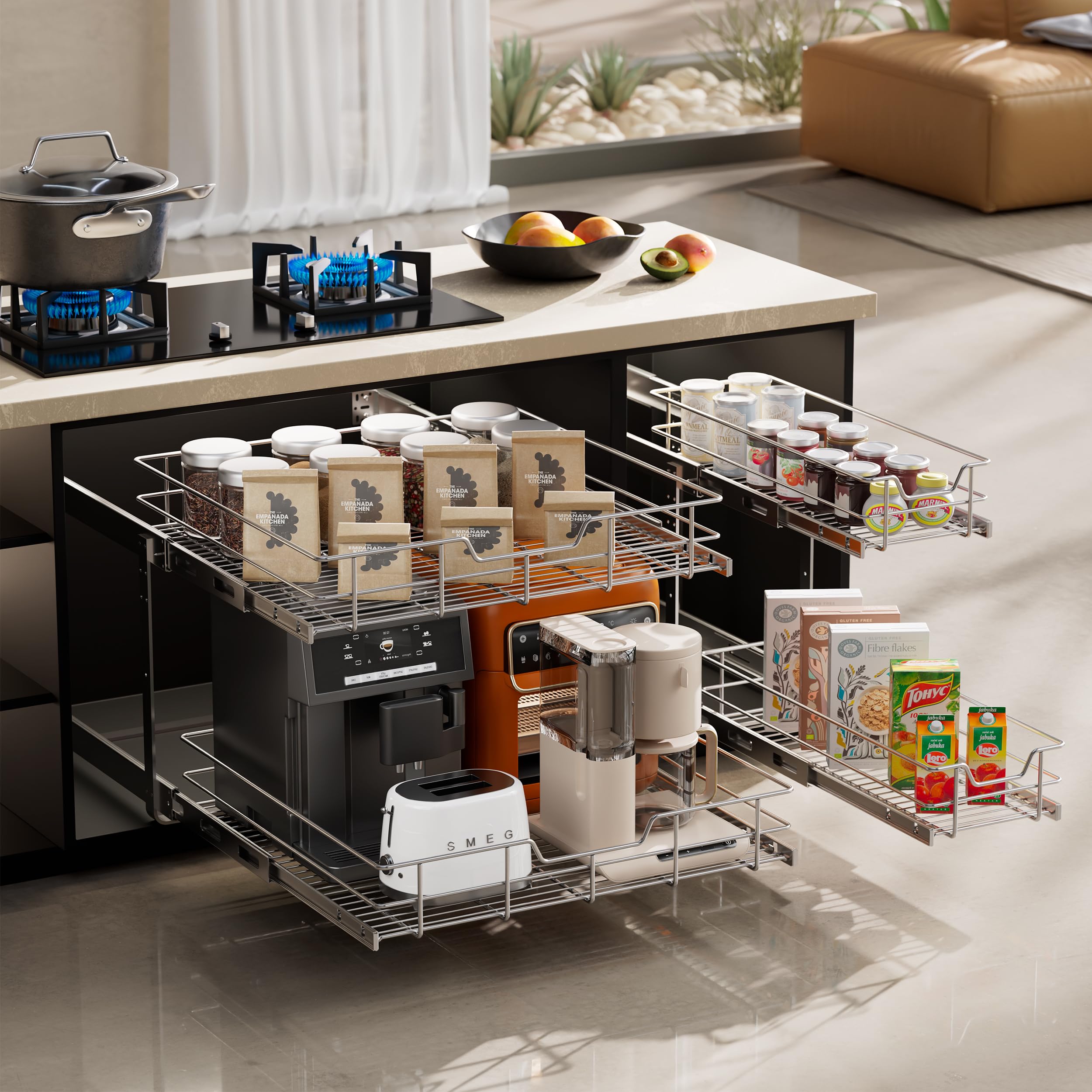 2 Tier Pull Out Cabinet Organizer 11" W X 22" D, Chromed, Full Slide Out