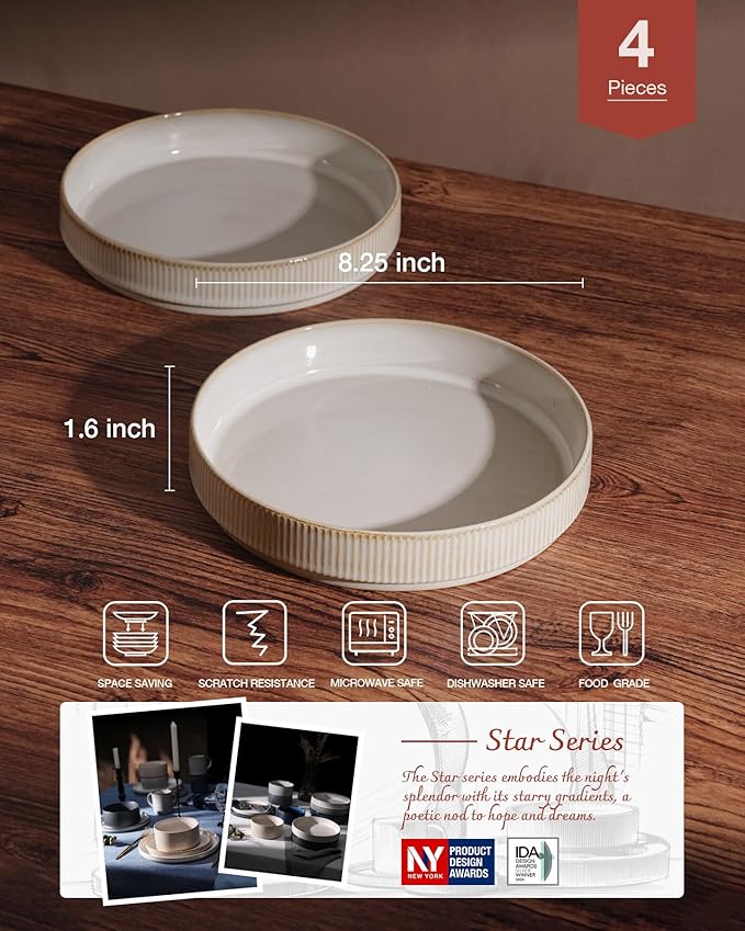 famiware Star 8.25" Pasta Bowls Set of 4, Bowl Plates, Cappuccino White