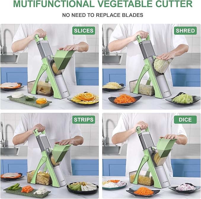 ZTQCSQ [All in 1] Upgraded Version Safe Mandoline Slicer for Kitchen, Adjustable Thickness. Detachable Blade, Veggie Slicer, Rapid Prep Mandoline, with Cleaning Brush/Paring Knife (MatchaGreen)