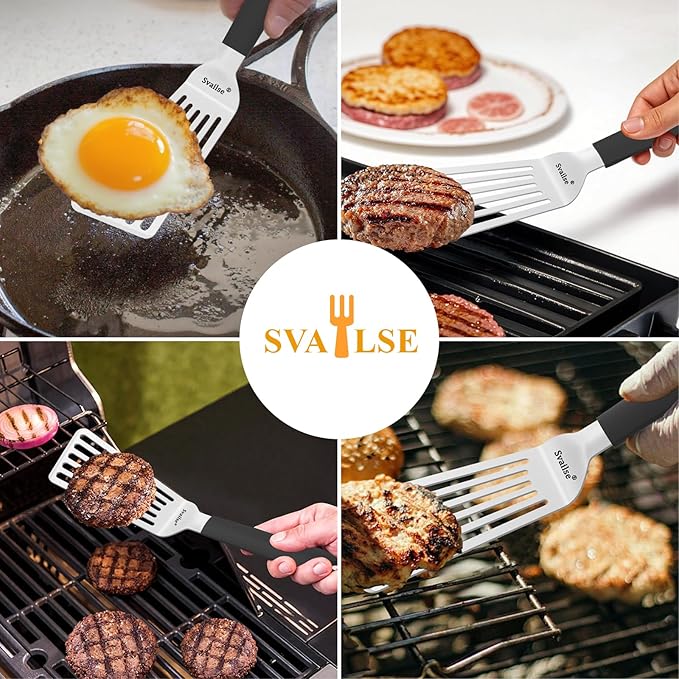 Svailse Stainless Steel Fish Spatula, 13.3 inch Metal Spatulas with Silicone Handle, Slotted Turner for Cooking, Grilling, Flipping, Egg, Cookie, Pancake and Burger (Large)