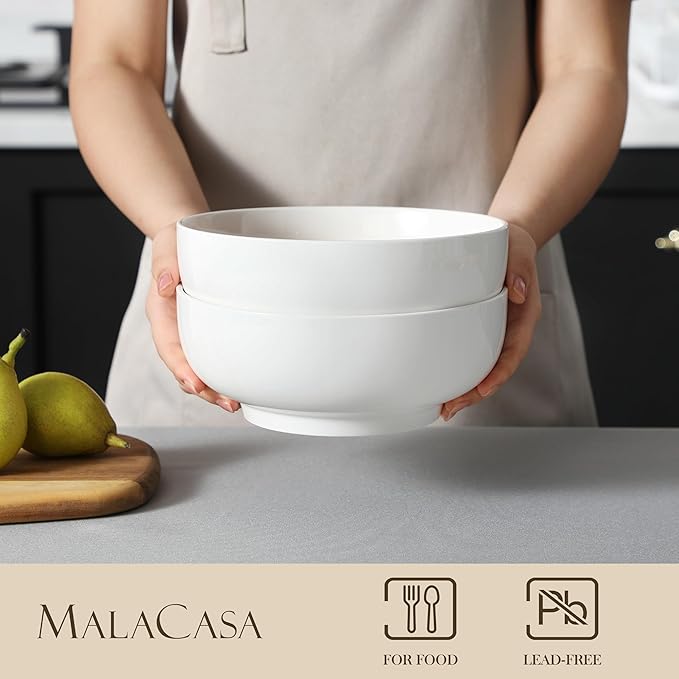 MALACASA Large Serving Bowls, 60 OZ (8") White Salad Bowls Set of 2