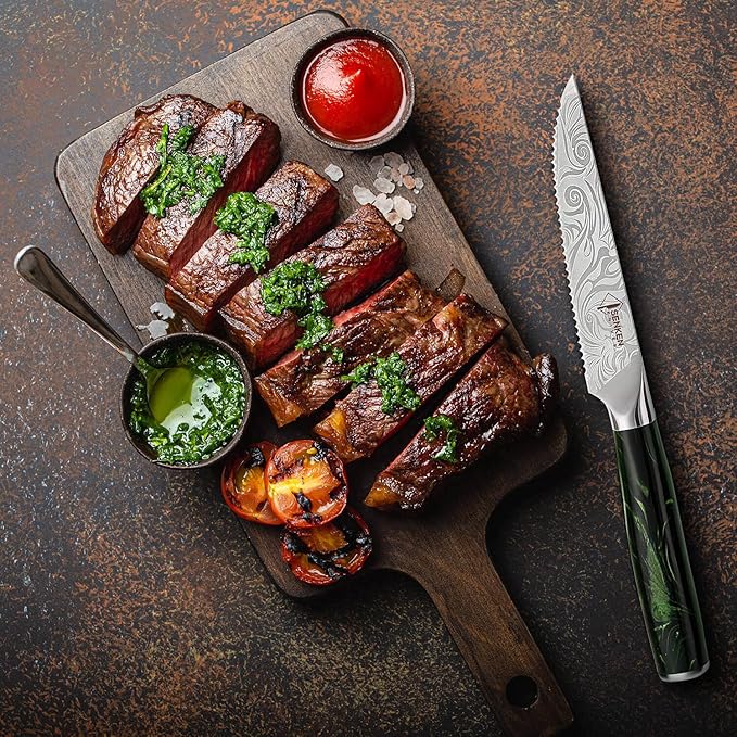 SENKEN Professional 6-Piece Steak Knife Set with Beautiful Engraved Pattern - Wasabi Collection - Razor Sharp Serrated High Carbon Steel & Emerald Green Resin Handle (6 Piece Steak Knife Set)
