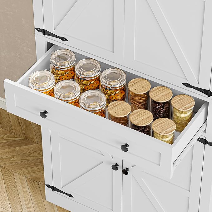 BORNOON Pantry Organizers and Storage Cabinet, 67.7” Barn Door White Kitchen Cabinet with Drawers and Adjustable Shelf, Tall Pantry for Kitchen, Dining Room, Living Room