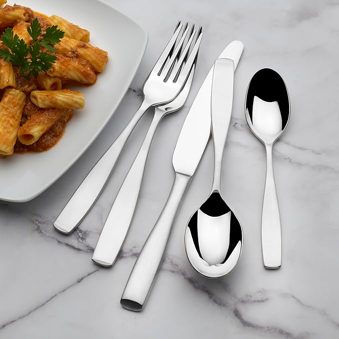 Mikasa Satin Loft 65-Piece Flatware Set, Service for 12, 18/10 Stainless Steel Silverware with Satin Finish, Includes Serving Utensils, Dishwasher Safe