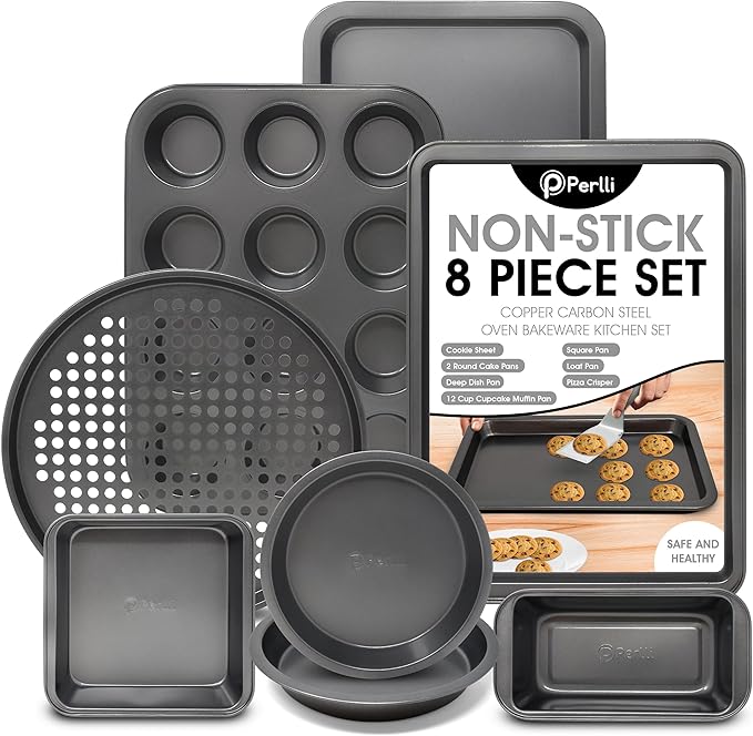 PERLLI Non-Stick 8-Piece Bakeware Set – Carbon Steel with Even Heat Distribution, Oven Safe to 446°F, BPA-Free, Dishwasher Safe, Stackable Baking Tools for Easy Storage and Everyday Cooking - Gray