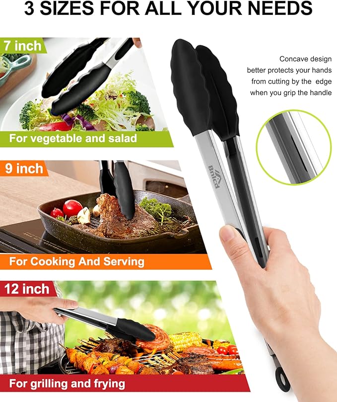 Bnlcd Good Grip Cooking Tongs with Silicone Tips, Set of 3-7" 9" and 12"
