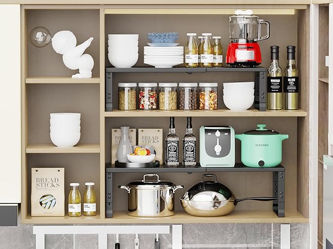Jojocross Adjustable Expanable Stackable Spice Rack Shelf Pantry Storage Organizer for Kitchen Cabinet,Countertop,Bathroom and More.Space is no Longer Limited(1Pack/Black/Large)
