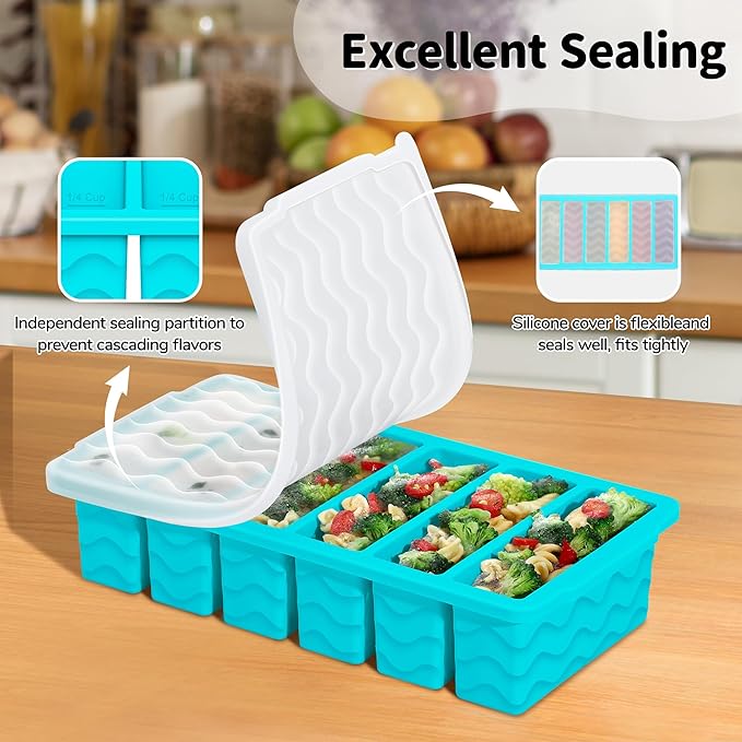 2-Pack Silicone Freezer Trays with Lid, 2 Large 2-Cup(500ml) & 6 Small 1/2-Cup(125ml) Soup Freezer Container Molds, Ice Cube Tray For Meal Prep & Freezing Soup, Stews, Sauces, Oven & Dishwasher-Safe