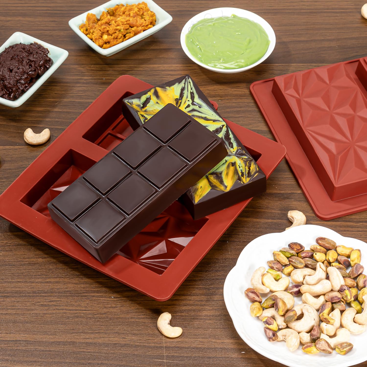 UWILLION Chocolate Bar Mold Deep Dubai 1 Inch Pistachio Chocolate Bar Silicone Thick Mold for Stuffed Bar, Large Candy Bar Mould for Filling