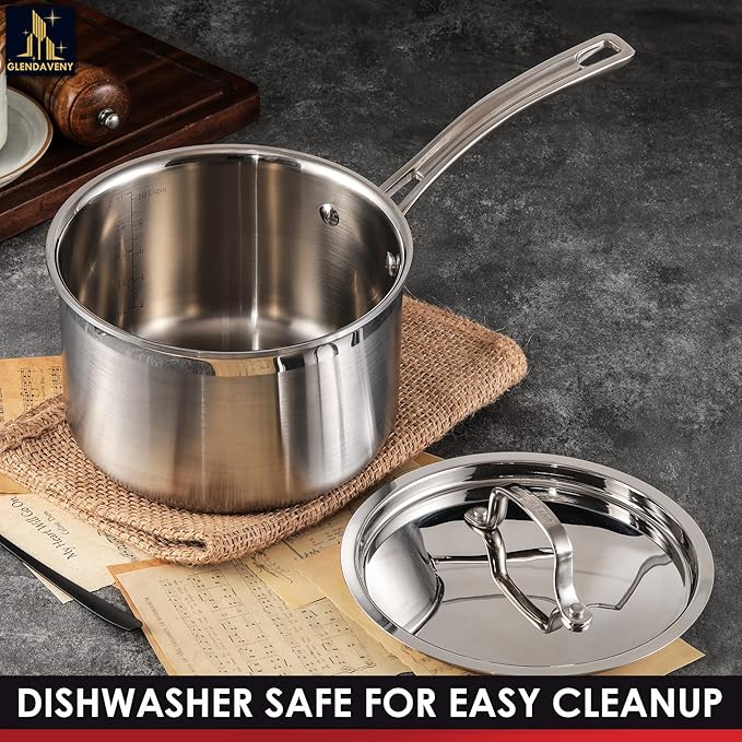 Glendaveny Tri-Ply Stainless Steel Sauce Pan with Lid, 3-Quart Saucepan Sauce Pot Multipurpose Use for Home Kitchen or Restaurant - Kitchen Cookware, Induction Pot, Dishwasher Safe & Oven Safe